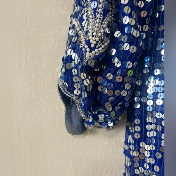 Vintage Blue Sequin Beaded Silk Dress Art Deco Midi Party Formal - Picture 7 of 16
